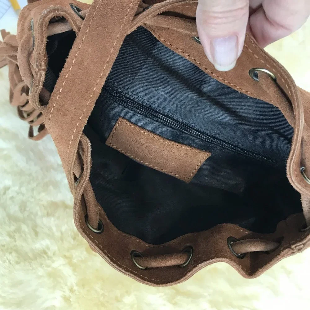Sopresa tan suede leather fringe backpack